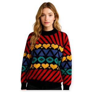 Vintage 90s Adele Knitwear Heart Pattern Knit Sweater Cozy Retro Medium Rare 90s